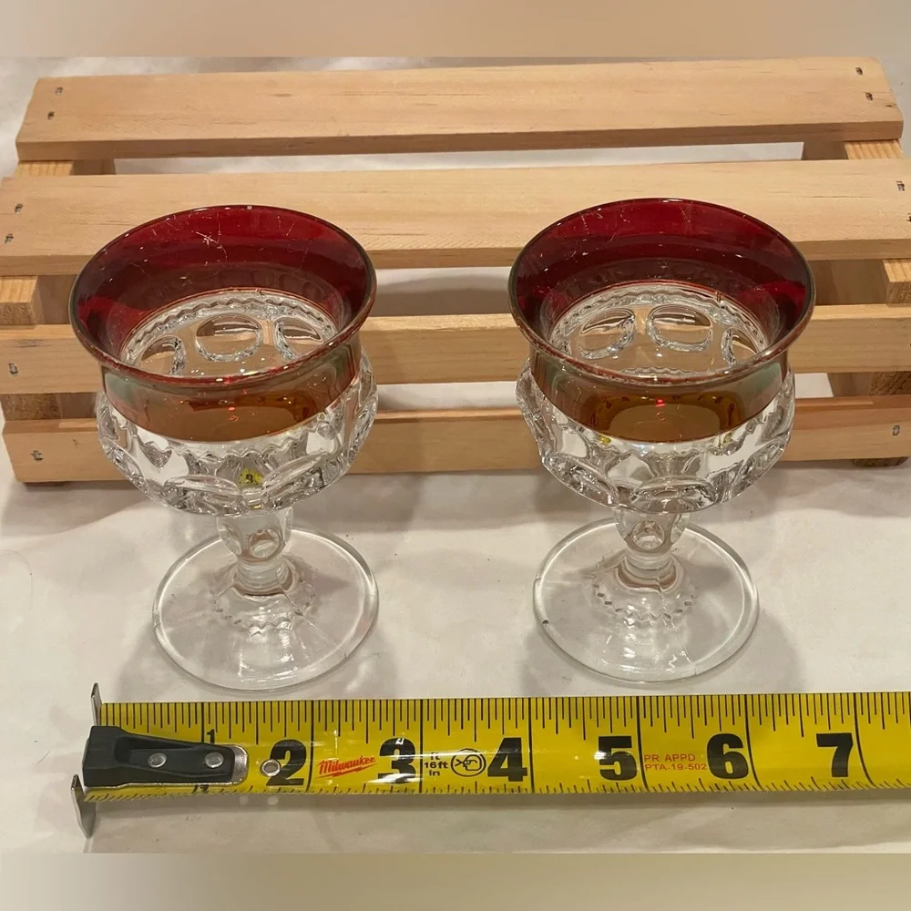 ☀️2/$20 Pair (2) Tiffin Ruby Red Kings Crown Thumbprint Cordials Small Goblets
